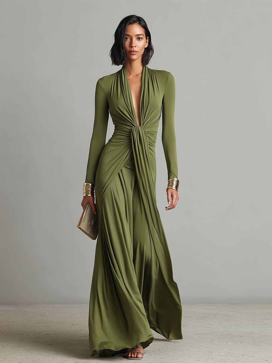 Oliv Maxi Kleid V-Ausschnitt
