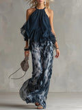 Marineblaues Halterneck-Top und bedruckte weite Hosen Set