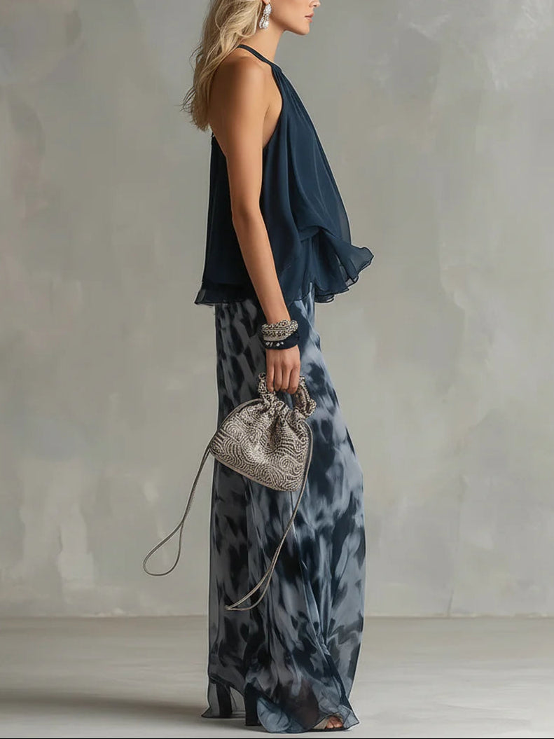 Marineblaues Halterneck-Top und bedruckte weite Hosen Set