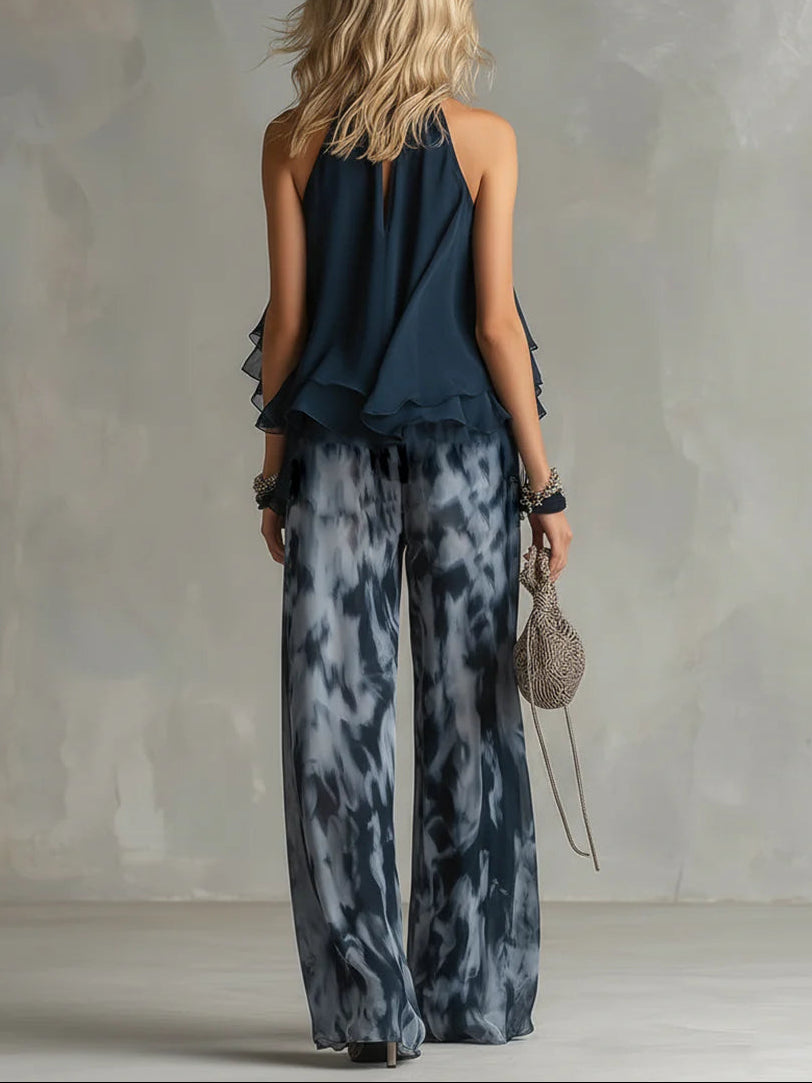 Marineblaues Halterneck-Top und bedruckte weite Hosen Set