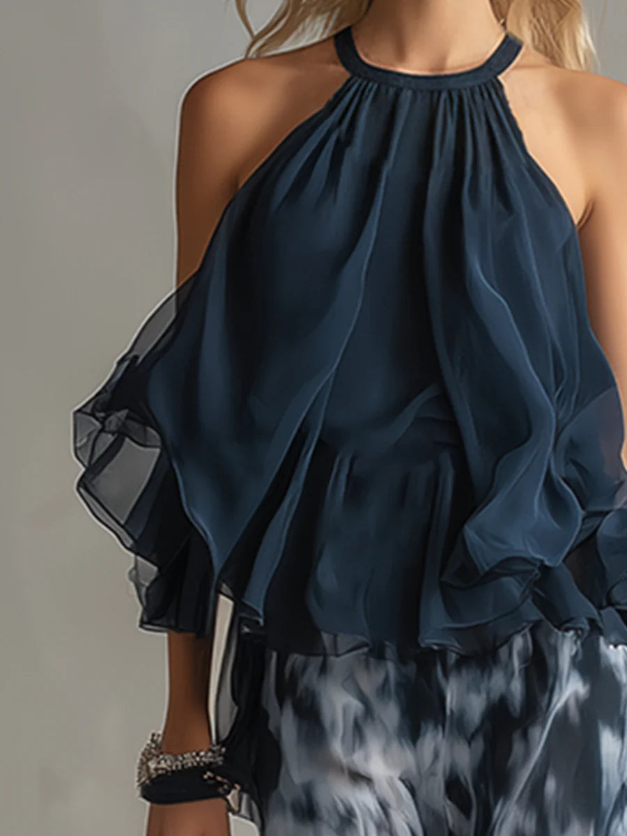 Marineblaues Halterneck-Top und bedruckte weite Hosen Set