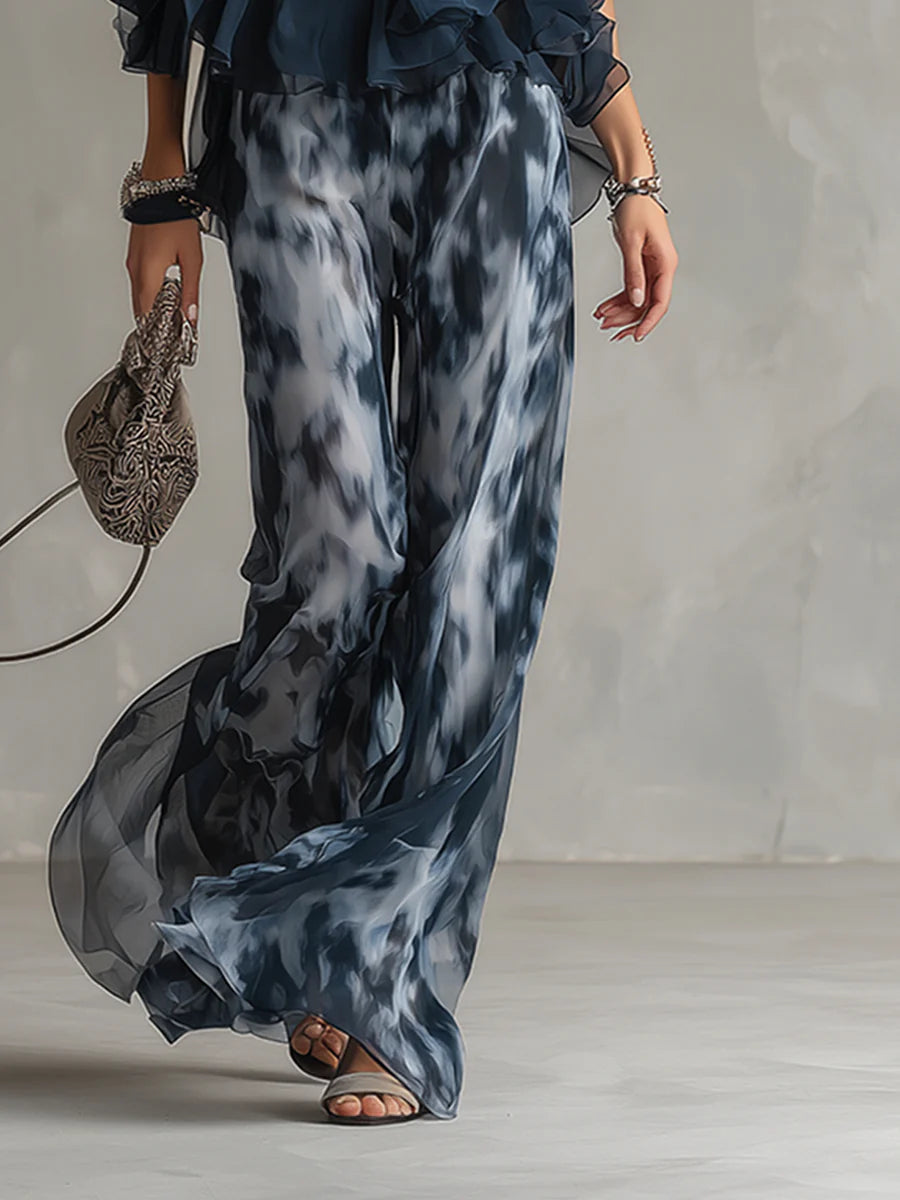Marineblaues Halterneck-Top und bedruckte weite Hosen Set