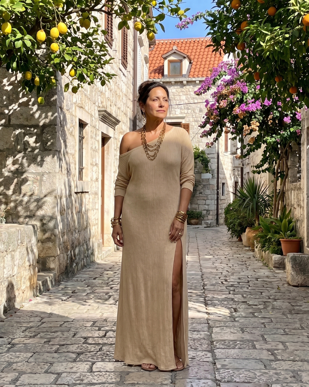 Asterelle | Ein-Schulter Kleid mit seitlichem Schlitz in Midi-Länge