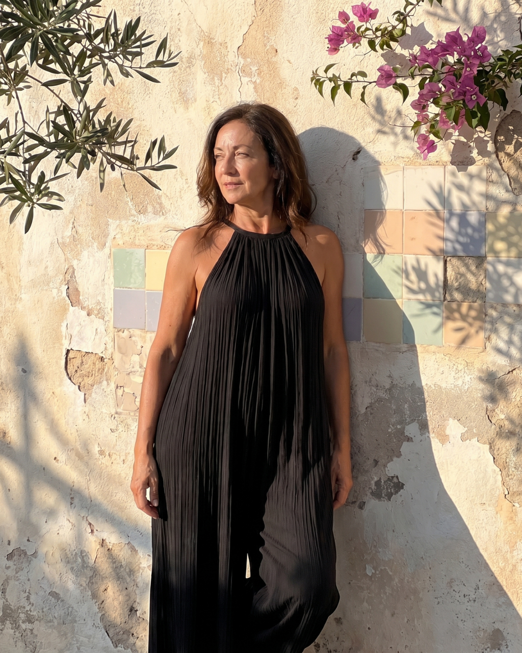 Sylvara | Plissierter Halterhals Weitbeiniger Entspannt Jumpsuit