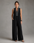 Velmira | Bestickter V-Ausschnitt Ärmelloser Jumpsuit mit weitem Bein