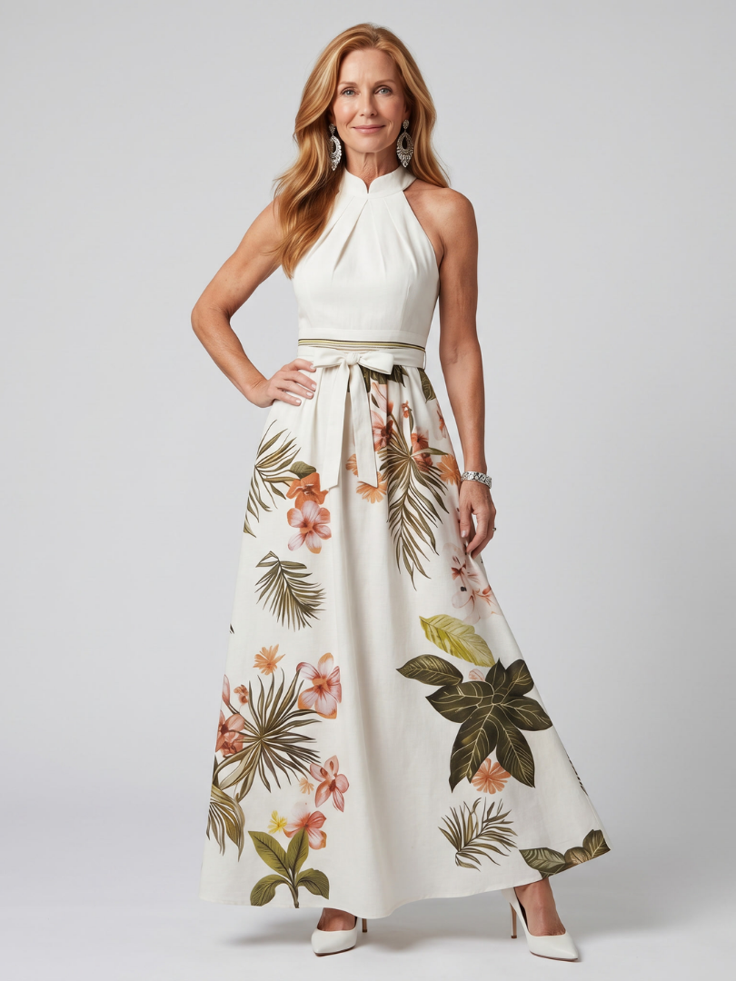 Wiese | Drapiertes Halterneck Botanisches Panel Maxikleid