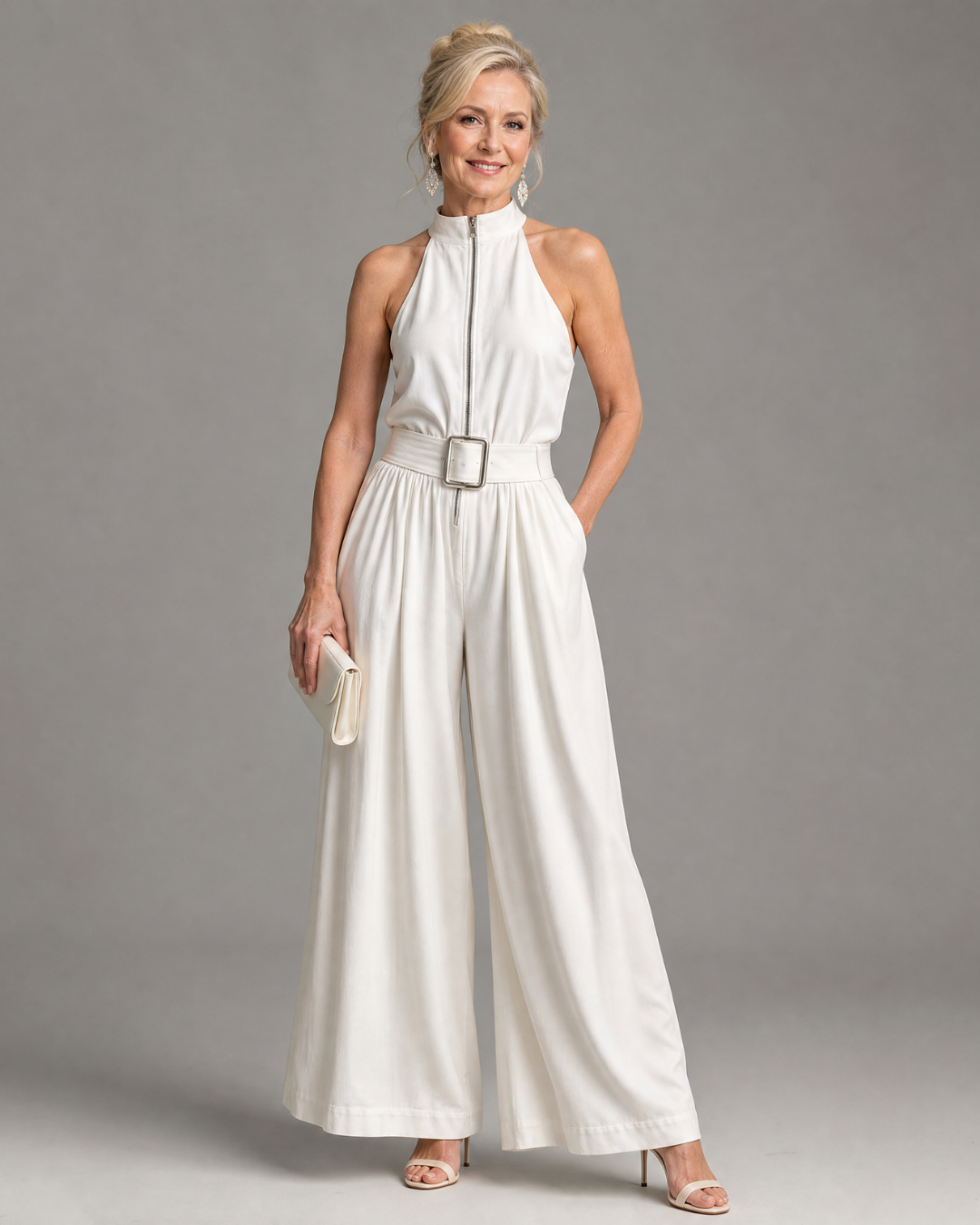 Astrielle | Gürtelter Hochkragen weiter Beins ärmelloser Jumpsuit