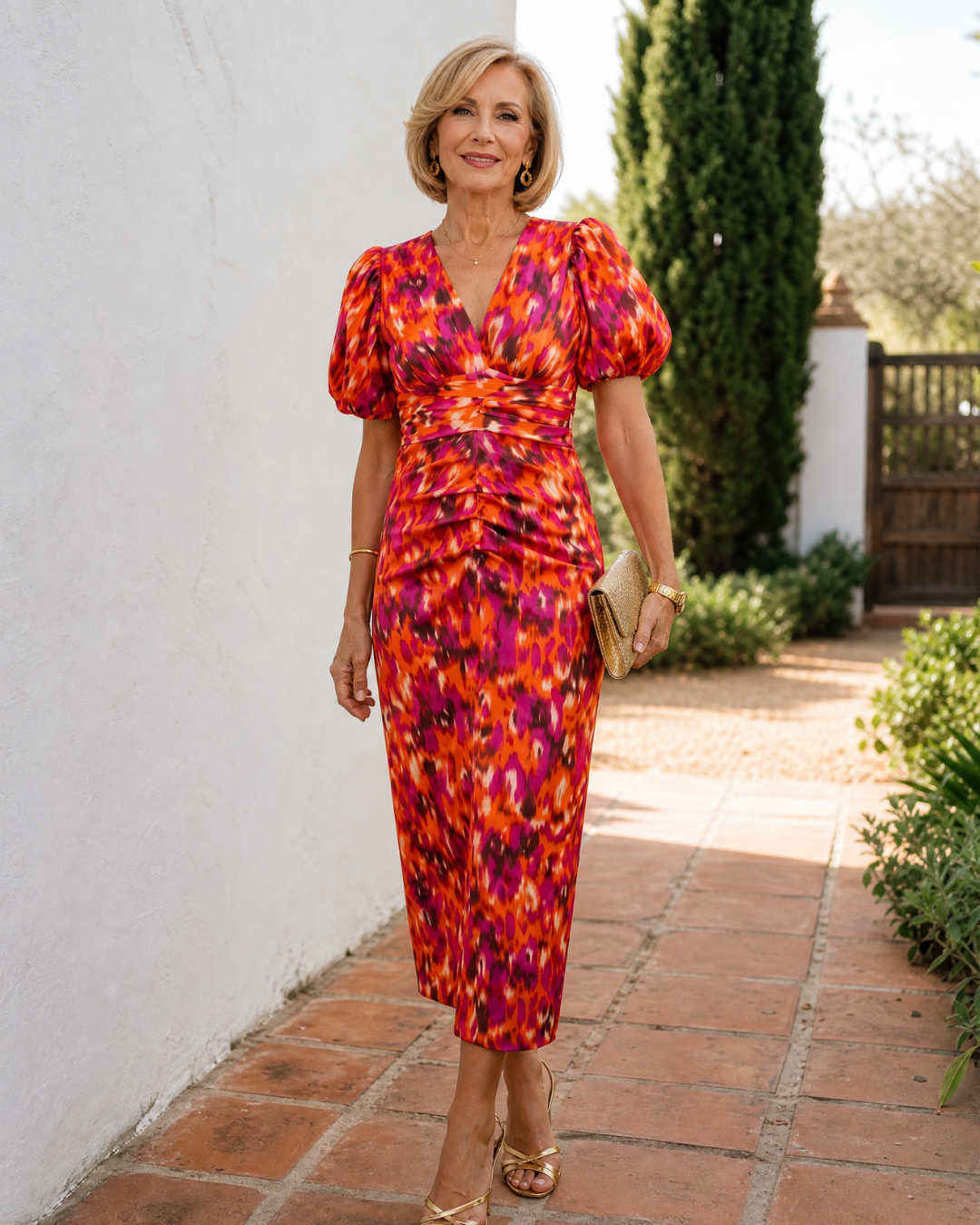 Zavienna | Abstraktes Print Puffärmel Raffung Midi Kleid