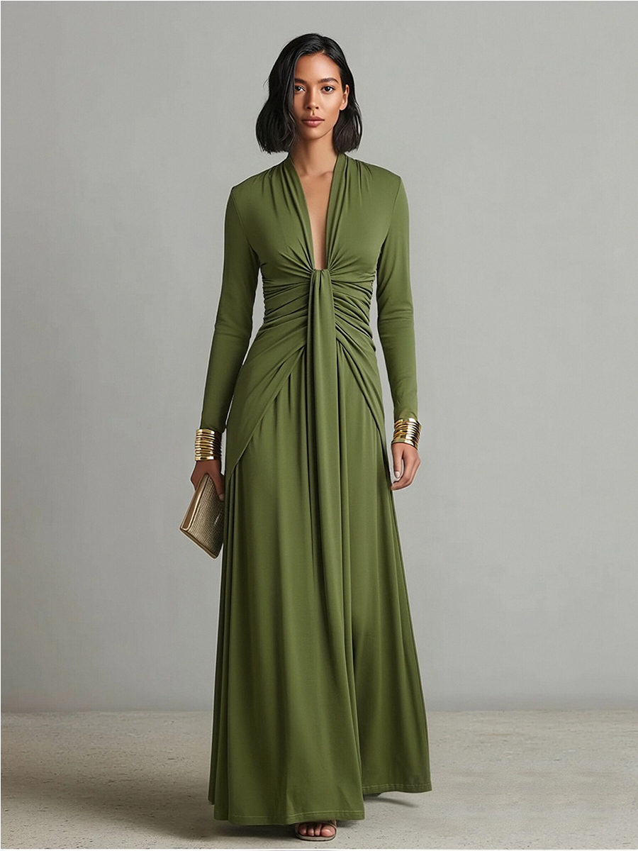 Oliv Maxi Kleid V-Ausschnitt