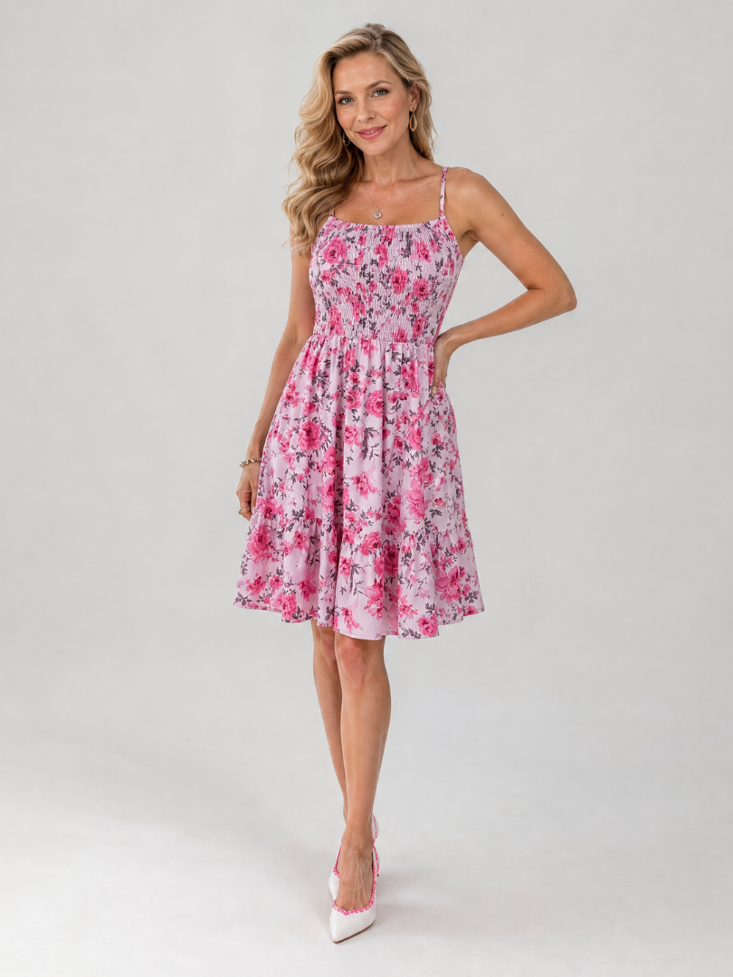 Rosabelle | Spaghettiträger Blumendruck Kleid in Knielänge