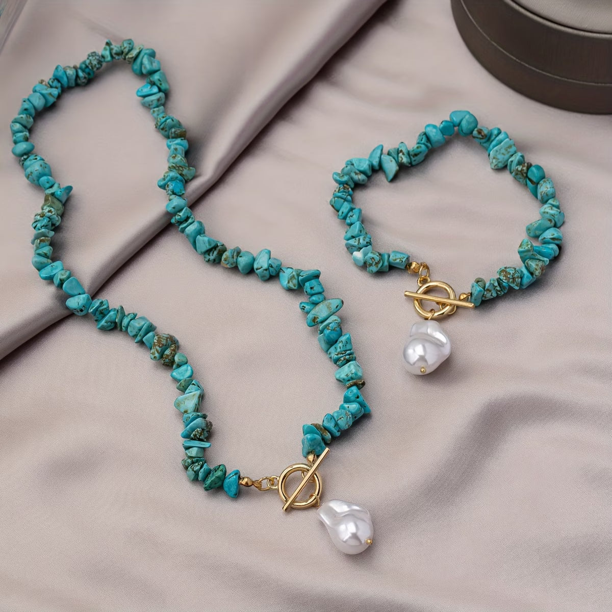Türkis & Perlen Halskette Armband Set