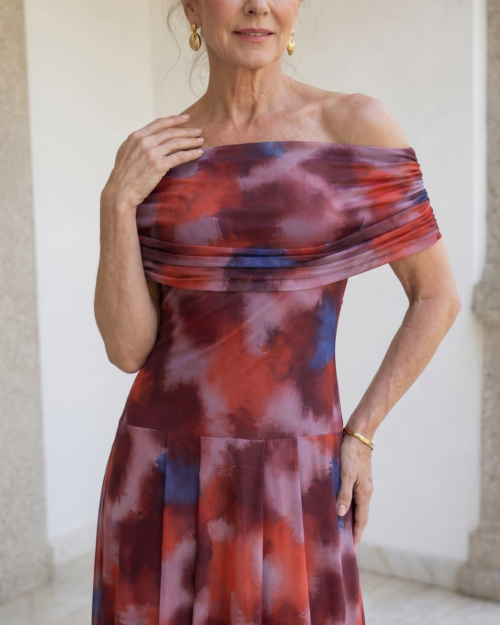 Violla | Off-Shoulder Aquarell-Druck Fließendes Midi-Kleid