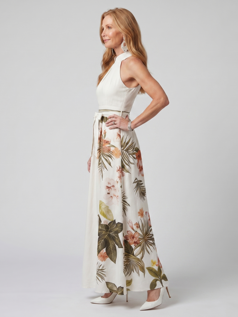 Wiese | Drapiertes Halterneck Botanisches Panel Maxikleid