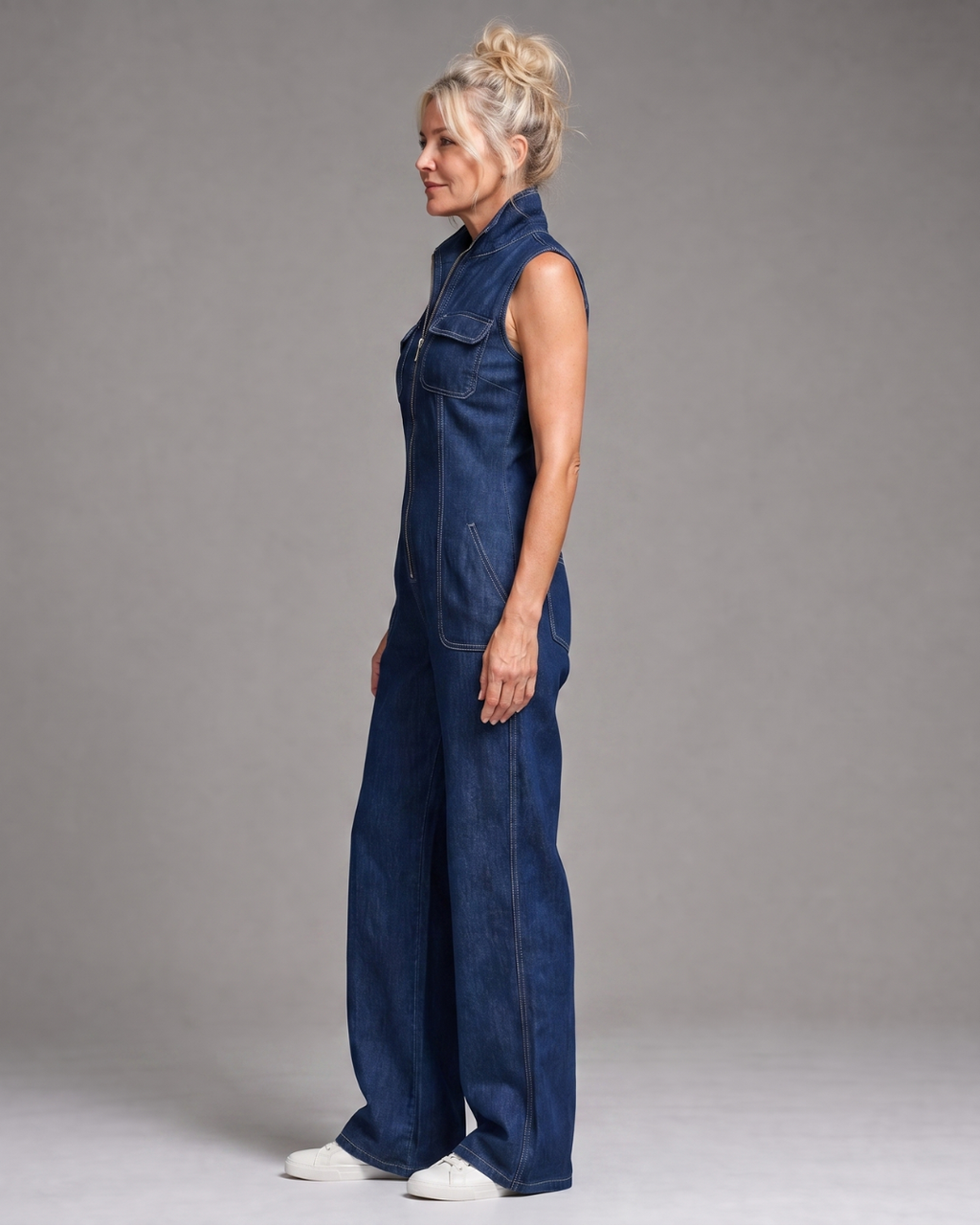 Samantha | Reißverschluss-Front Ärmelloses Denim Weitbein Jumpsuit