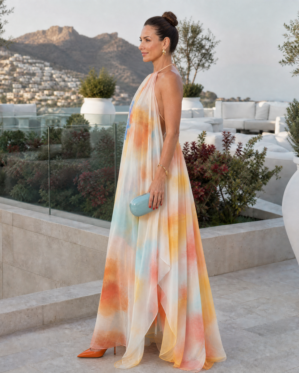 Solmira | Aquarell Halter Fließendes Maxikleid