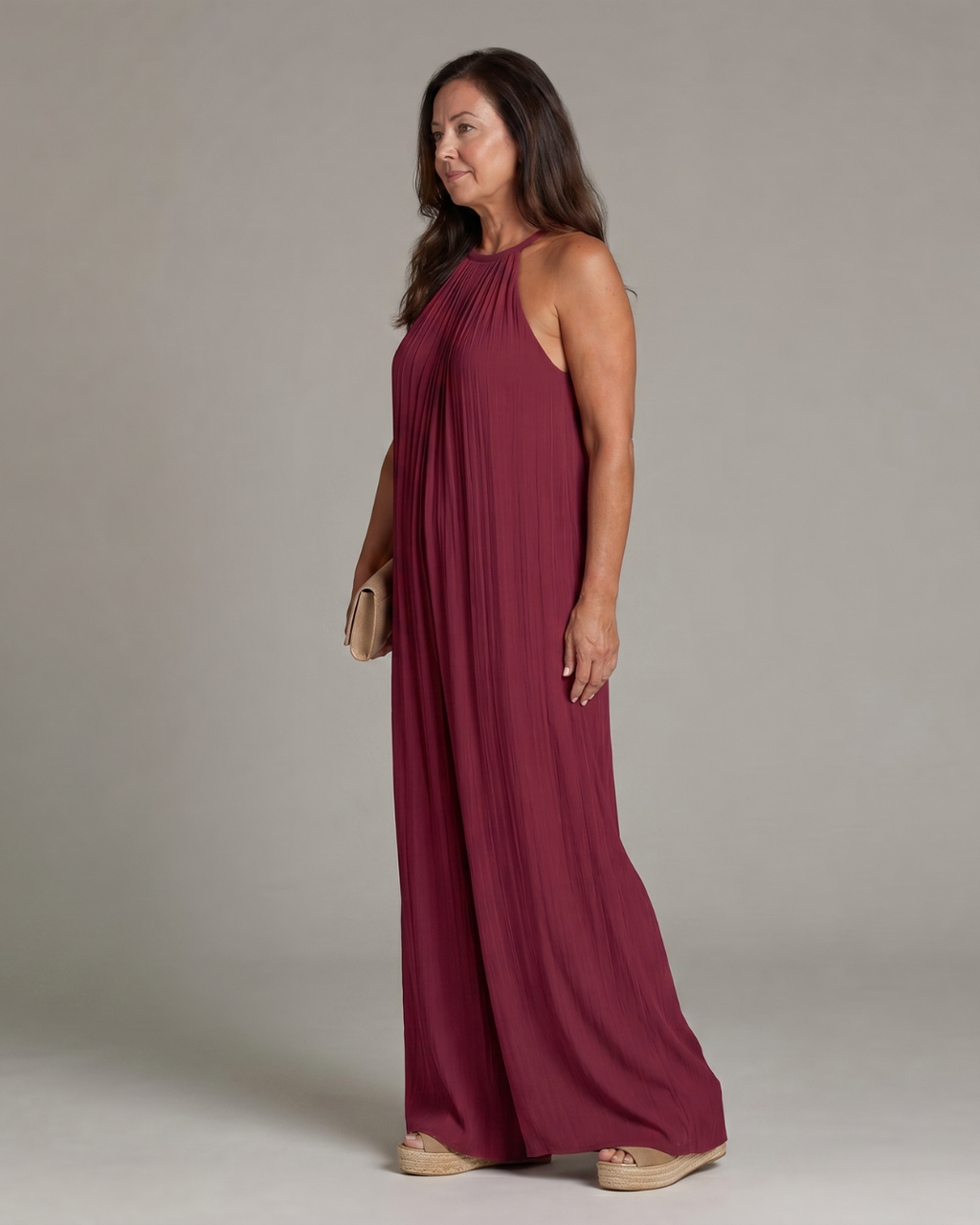 Sylvara | Plissierter Halterhals Weitbeiniger Entspannt Jumpsuit