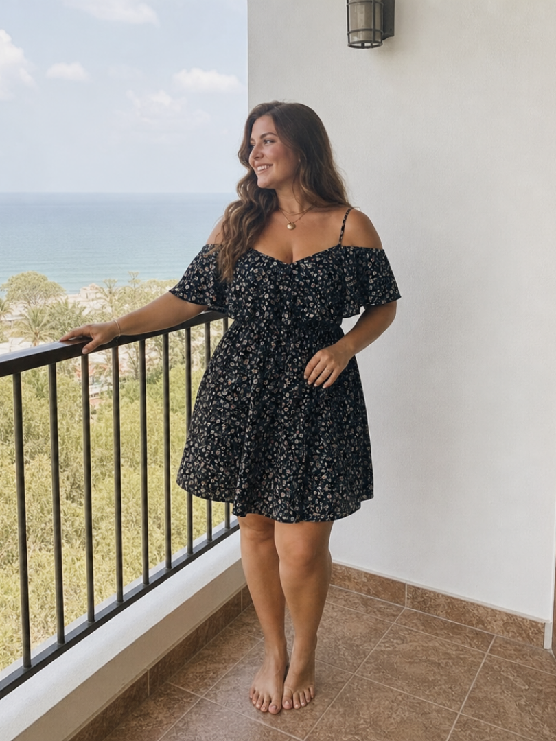 Novom | Kleid mit kalten Schultern und Rüsche in Kniehöhe