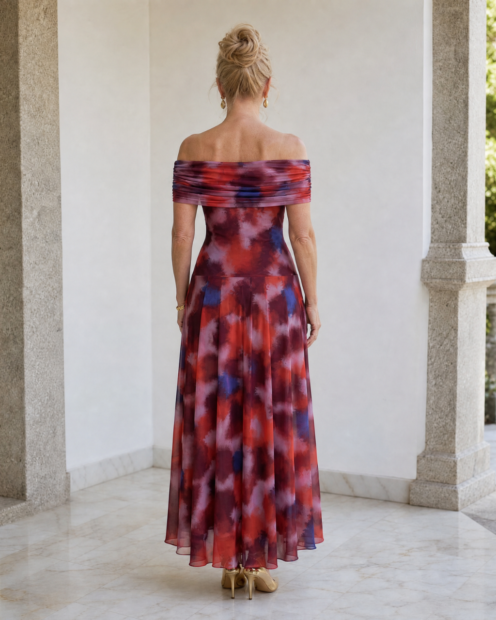 Violla | Off-Shoulder Aquarell-Druck Fließendes Midi-Kleid