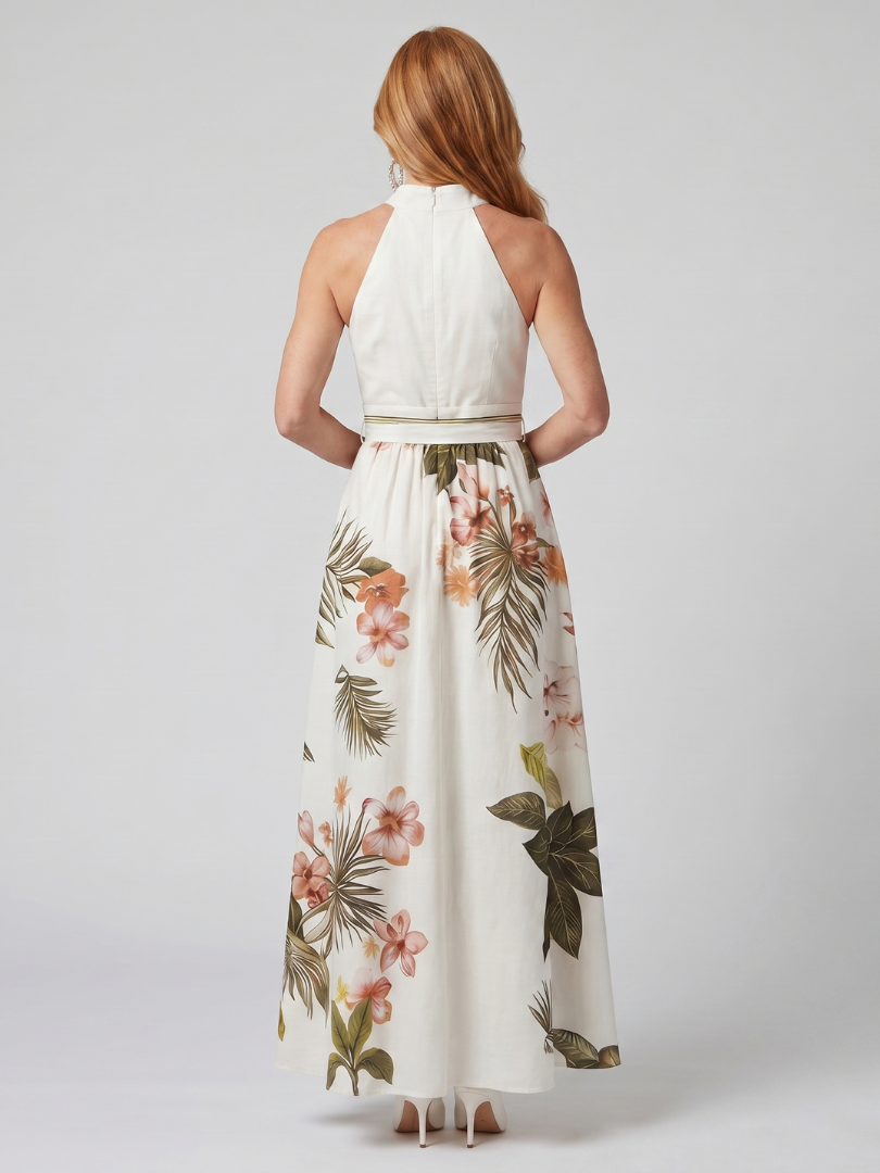 Wiese | Drapiertes Halterneck Botanisches Panel Maxikleid
