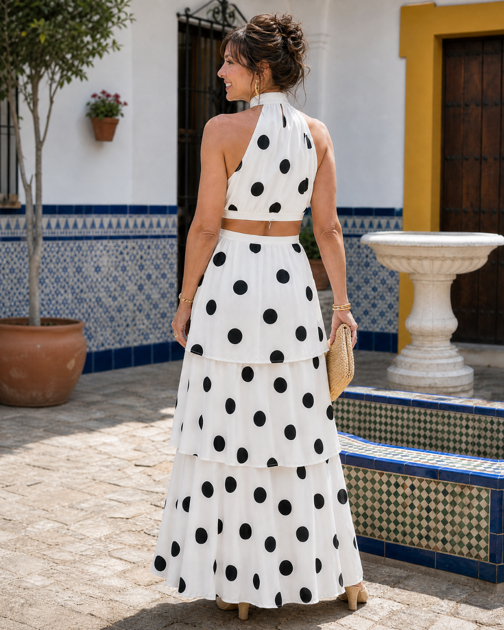 Lysa | Gepunktetes Haltertop und gestuftes Maxikleid-Set