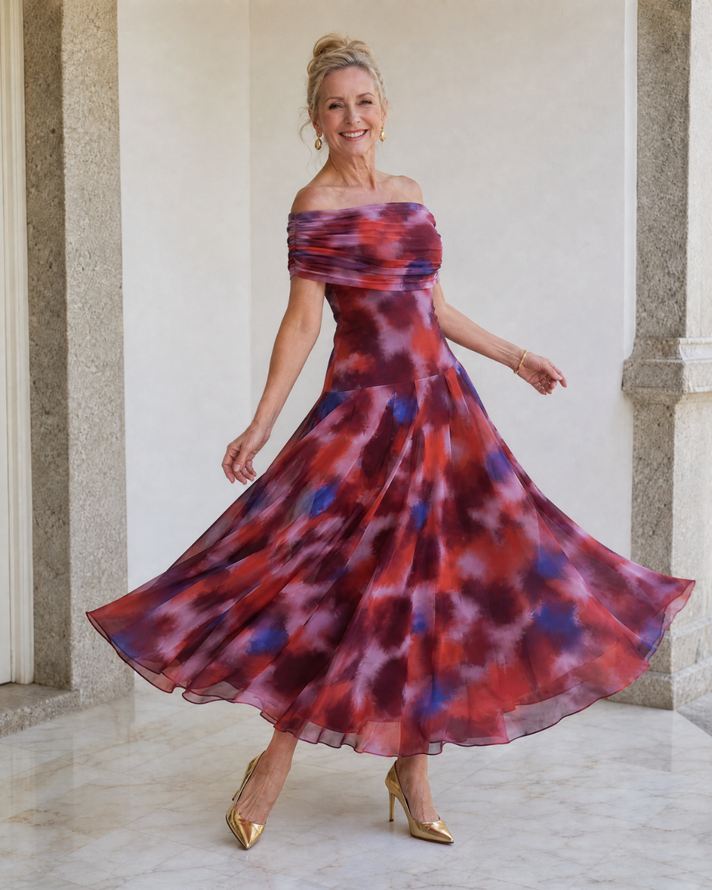 Violla | Off-Shoulder Aquarell-Druck Fließendes Midi-Kleid