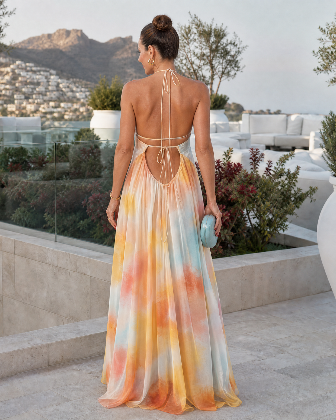 Solmira | Aquarell Halter Fließendes Maxikleid