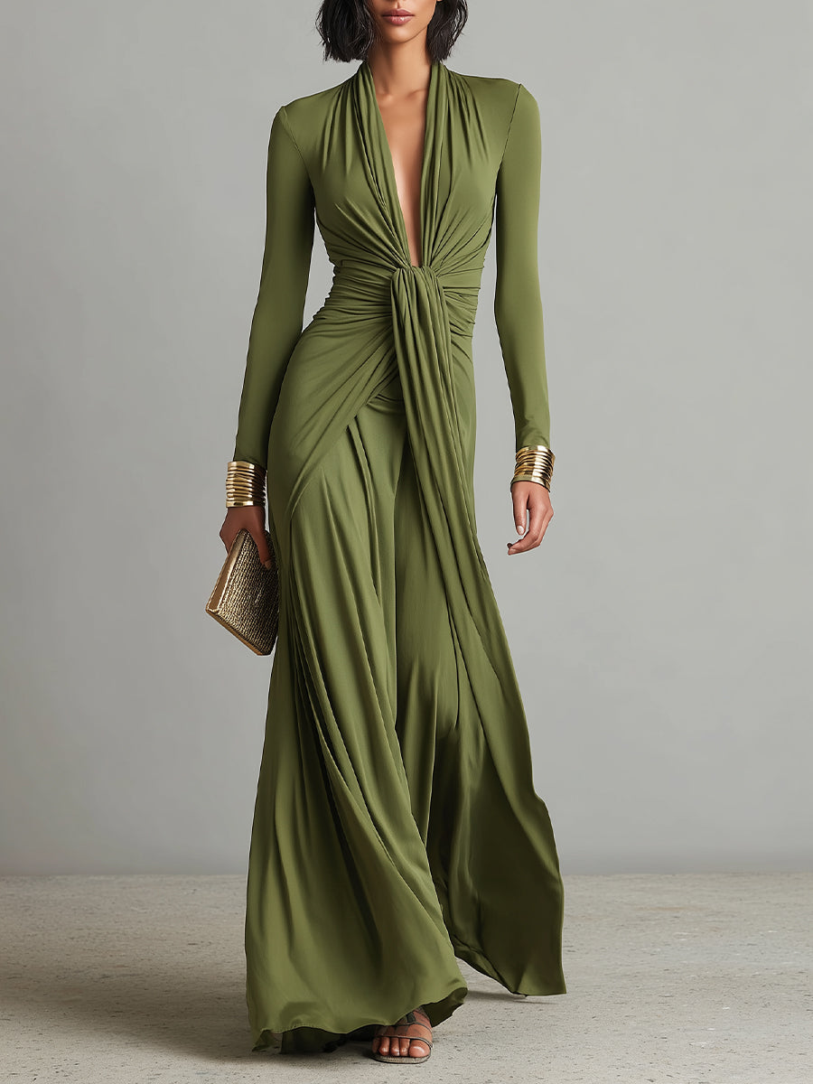 Oliv Maxi Kleid V-Ausschnitt