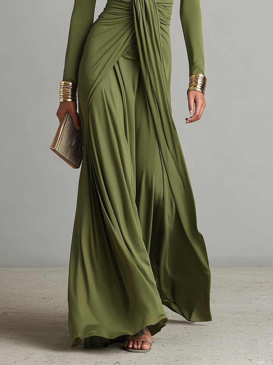 Oliv Maxi Kleid V-Ausschnitt