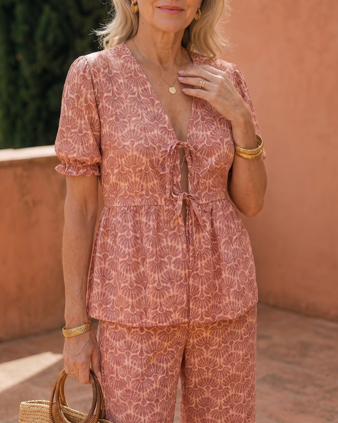 Somar | Floral Print Puff Sleeve Top und Gerade Hosen Set