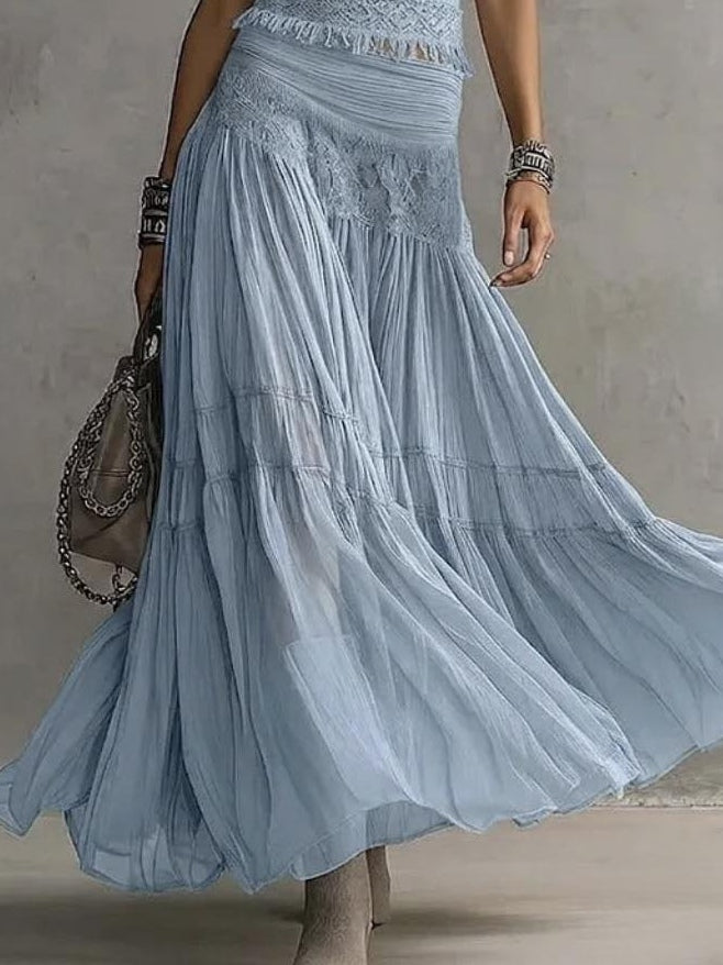 BLUES SPITZEN-BESETZTES OBERTEIL UND FALTENMAXIKLEID SET
