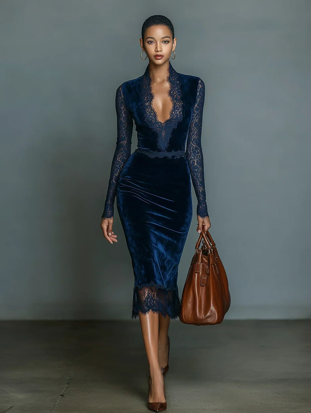 Luxuriöses Midi Kleid V-Ausschnitt Spitz