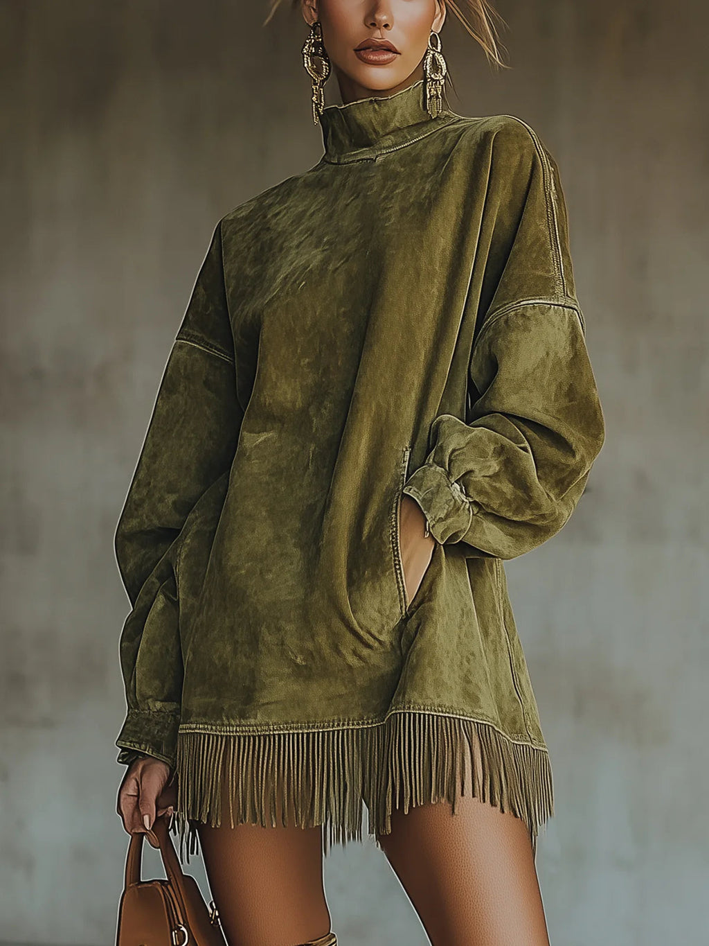 Amalia | Kleid mit hohem Kragen und Fransen