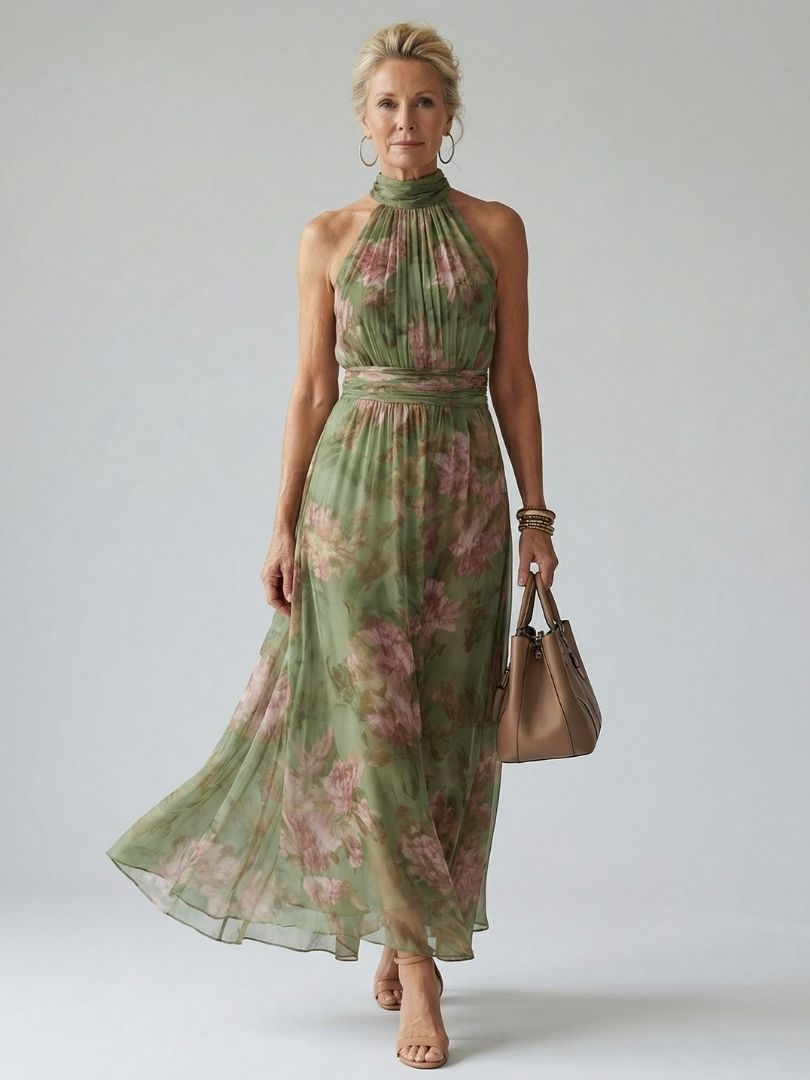 MIRELLE | Plissiertes Halter-Maxikleid