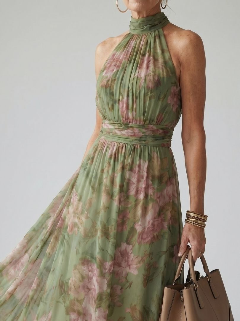MIRELLE | Plissiertes Halter-Maxikleid