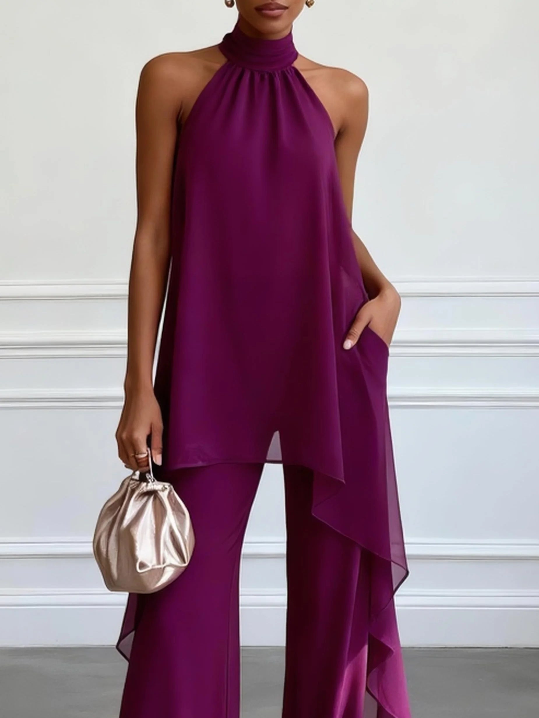 Lila Halterloser Ärmelloser Eleganter Top mit Hose Zweiteiliges Set