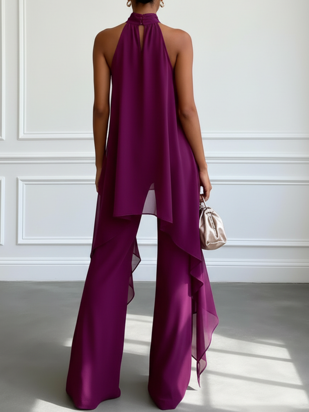 Lila Halterloser Ärmelloser Eleganter Top mit Hose Zweiteiliges Set