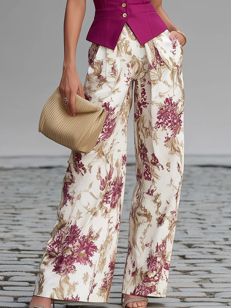 Rosa Pink Ärmelloses Top und Floral Bedruckte Weite Hose Set
