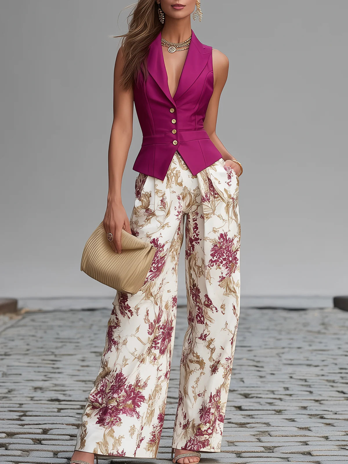 Rosa Pink Ärmelloses Top und Floral Bedruckte Weite Hose Set