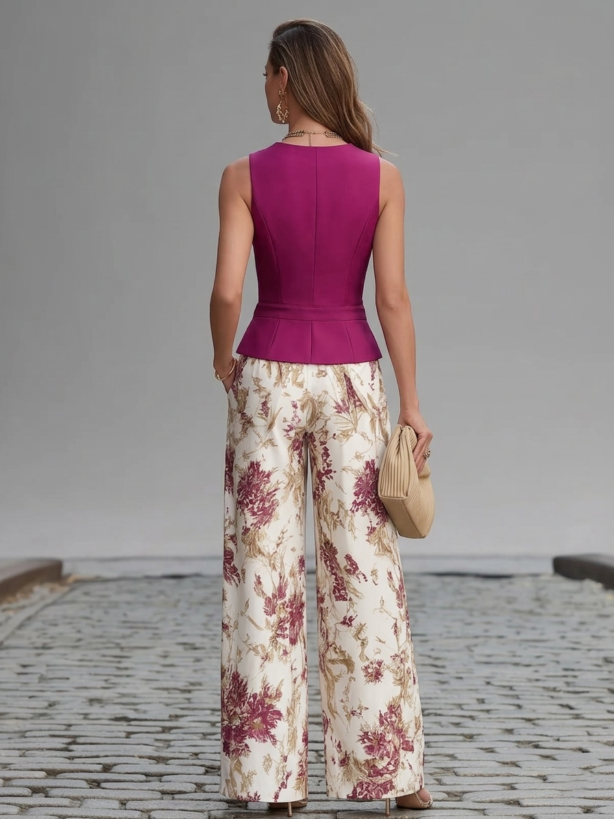 Rosa Pink Ärmelloses Top und Floral Bedruckte Weite Hose Set