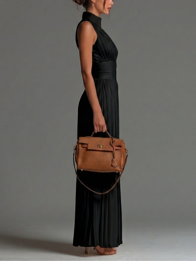 Schwarzer V-Ausschnitt Ärmelloser Reißverschluss Falten Wide-leg Jumpsuit