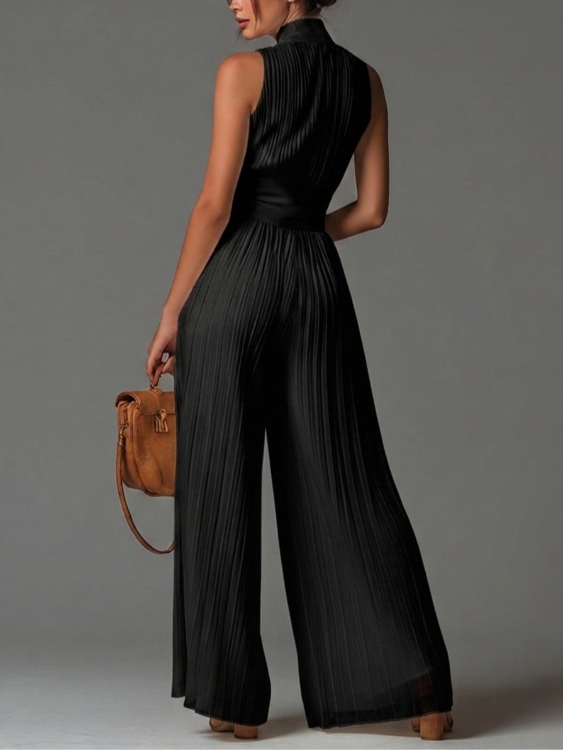 Schwarzer V-Ausschnitt Ärmelloser Reißverschluss Falten Wide-leg Jumpsuit
