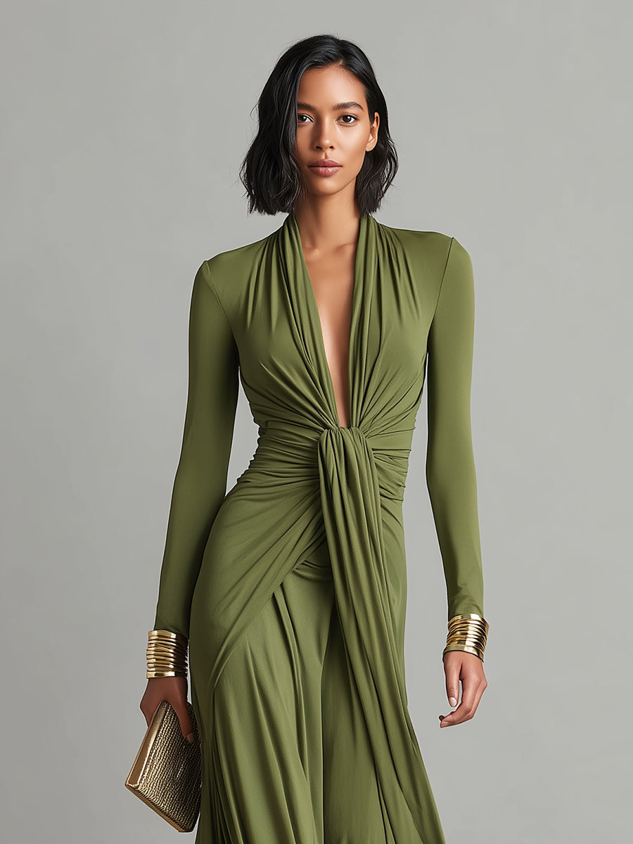 Oliv Maxi Kleid V-Ausschnitt