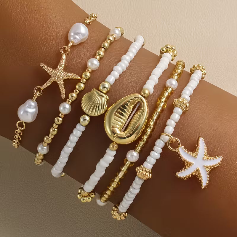 Küsten Gold- und Perlenarmband Set von 6