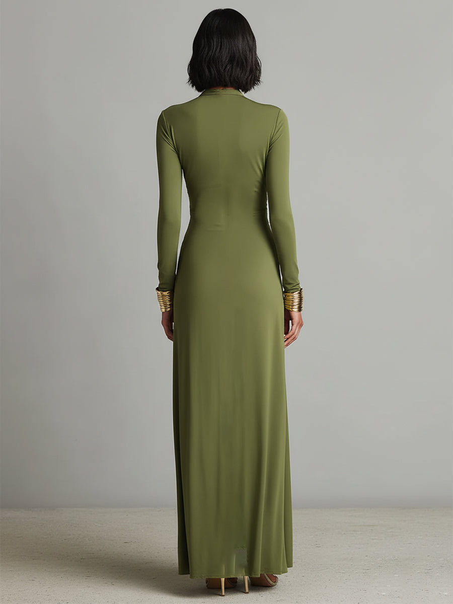 Oliv Maxi Kleid V-Ausschnitt