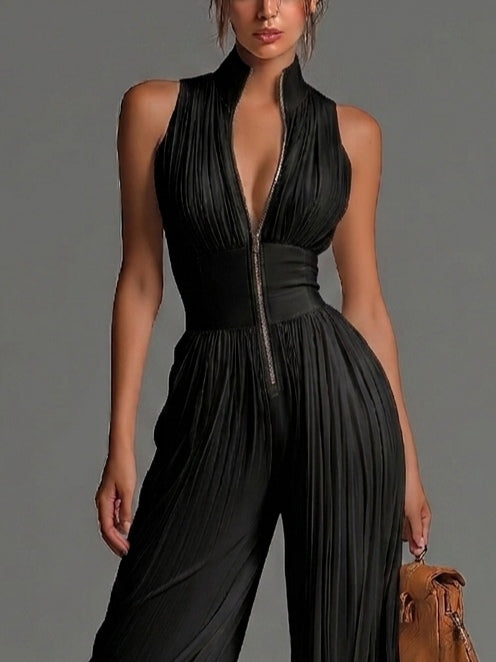 Schwarzer V-Ausschnitt Ärmelloser Reißverschluss Falten Wide-leg Jumpsuit
