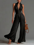 Schwarzer V-Ausschnitt Ärmelloser Reißverschluss Falten Wide-leg Jumpsuit