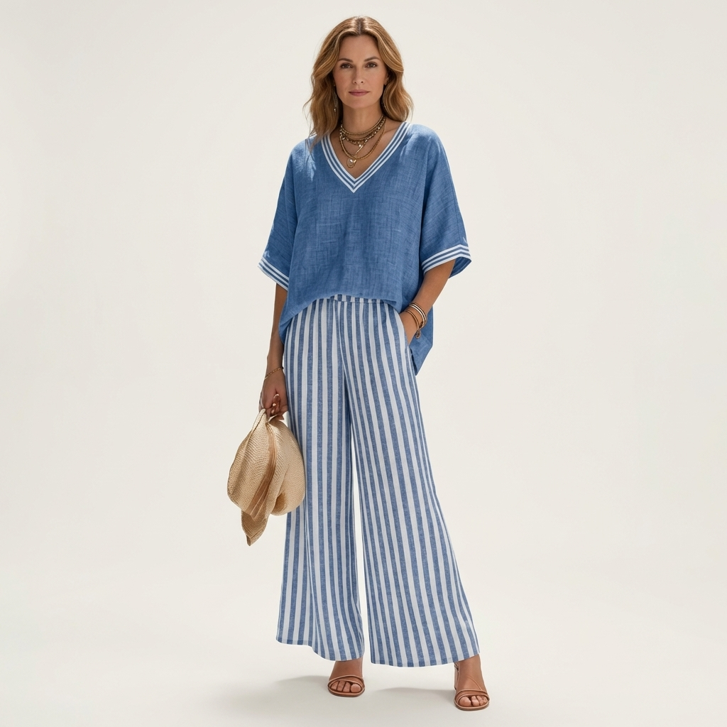 Juliana | V-Ausschnitt Varsity Top & Streifen Weite-Hosen Set