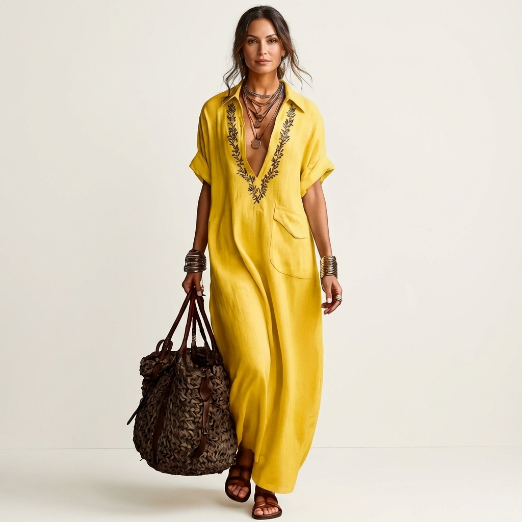 Amarina | Besticktes V-Ausschnitt-Kragen Maxikleid
