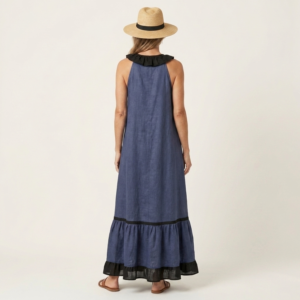 Mayline | Ärmelloses Maxikleid mit Rüschenausschnitt und Kontrastbesatz