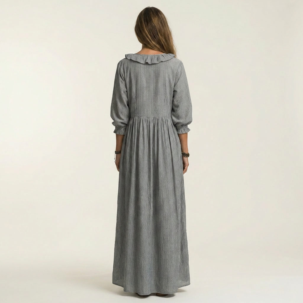 Yosetta | Rüschenschnitt V-Ausschnitt gestreiftes Maxikleid mit Laternenärmeln